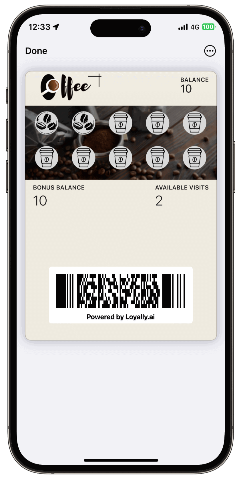 A real Loyally stamp card inside Apple Wallet on an iPhone — ten coffee stamps and a scannable barcode, powered by Loyally.ai